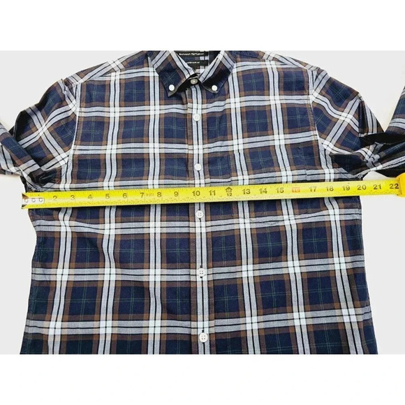 Banana Republic Untucked Slim Fit Hem Logo Tag Men Brown Powder Blue Small Shirt - Picture 3 of 12